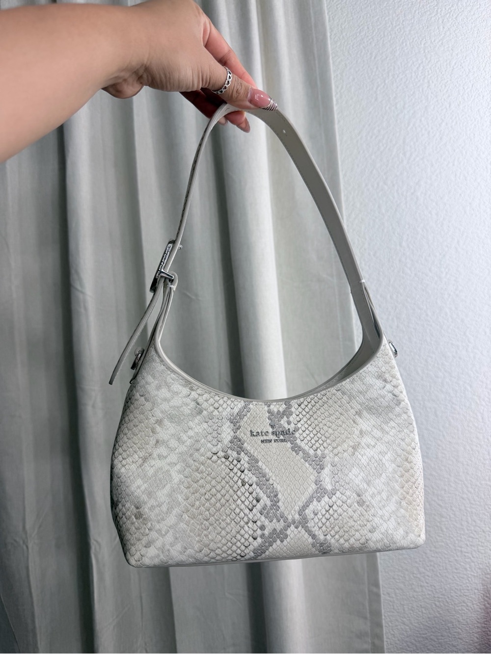 kate spade White and Light Gray Snake-Print Shoulder Bag